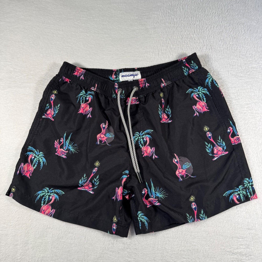 Maamgic Swim Trunks Mens Medium Black Yoga Flamingo Print Excellent Board Shorts
